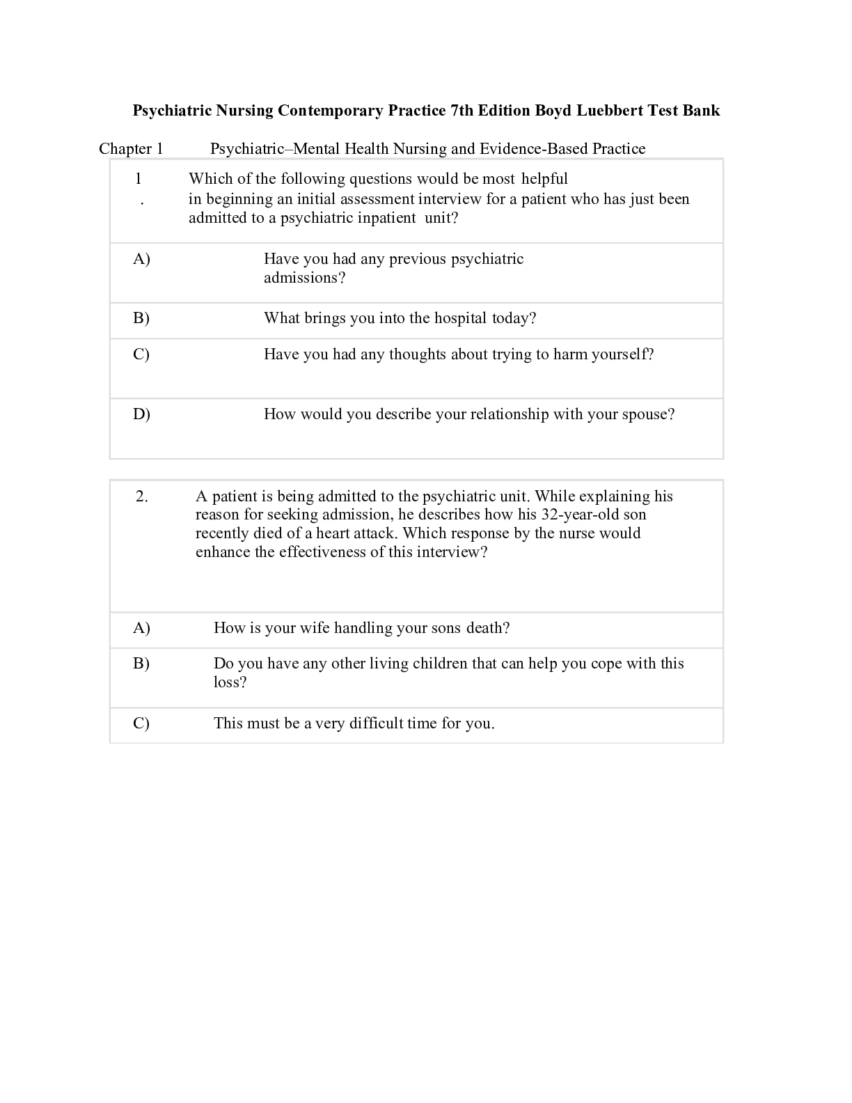 Psychiatric Nursing, Contemporary Practice, 7th Edition by Mary Boyd, Luebbert TEST BANK